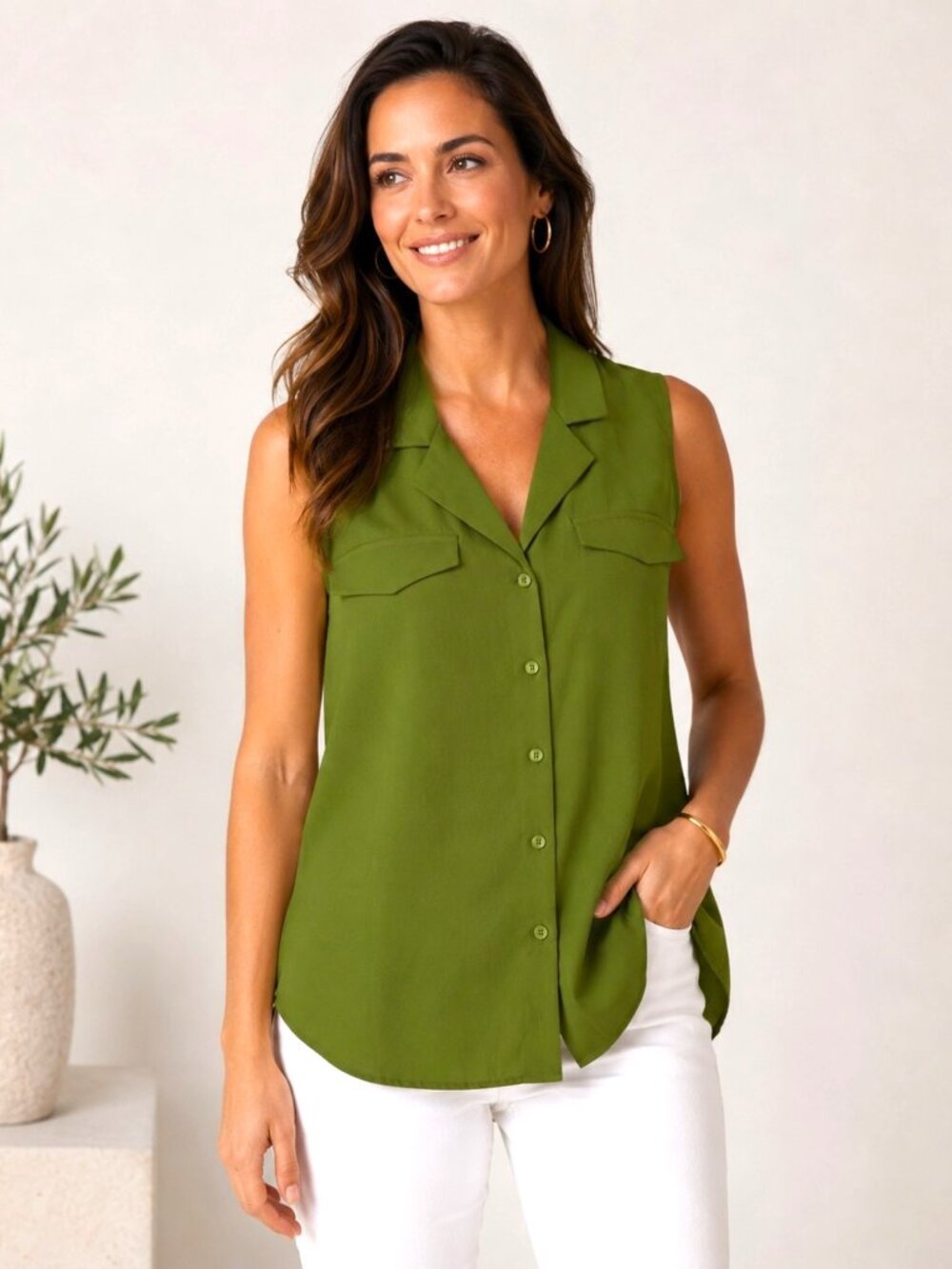 Fortune + Ivy L Olive Green Sleeveless Button Front Blouse NWT